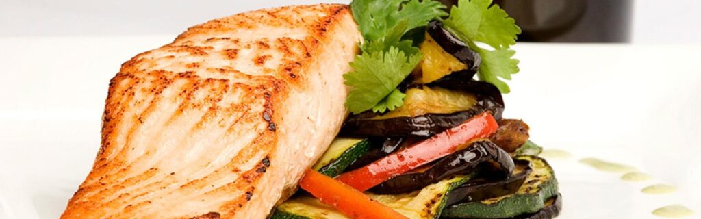 Salmon, brown rice and chargrilled vegetables